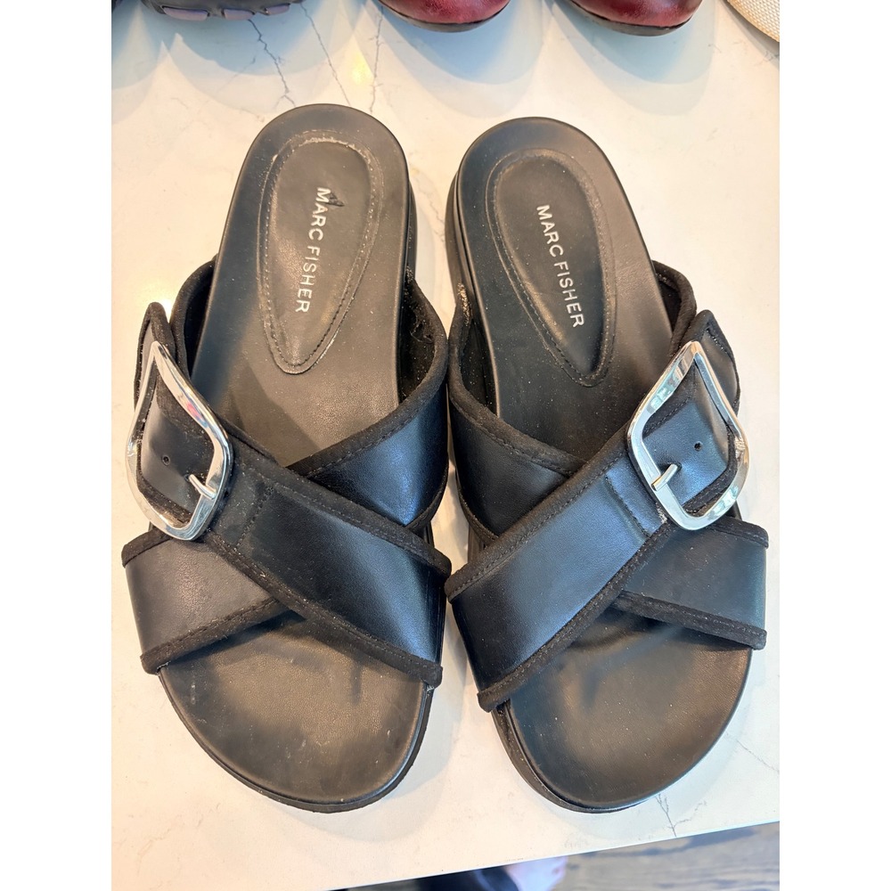 Marc Fisher Slide Sandals Black Leather Buckle Crisscross Straps Flat Mules